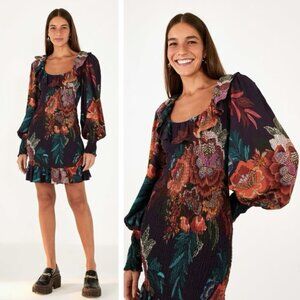 FARM Rio Flower Scarves Smocked Long Sleeve Mini Dress Medium